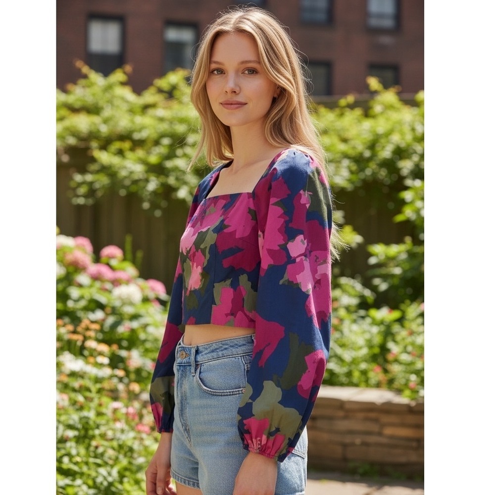 Banana Republic Factory Brushstroke Floral Square Neck Balloon Sleeve Crop Top M